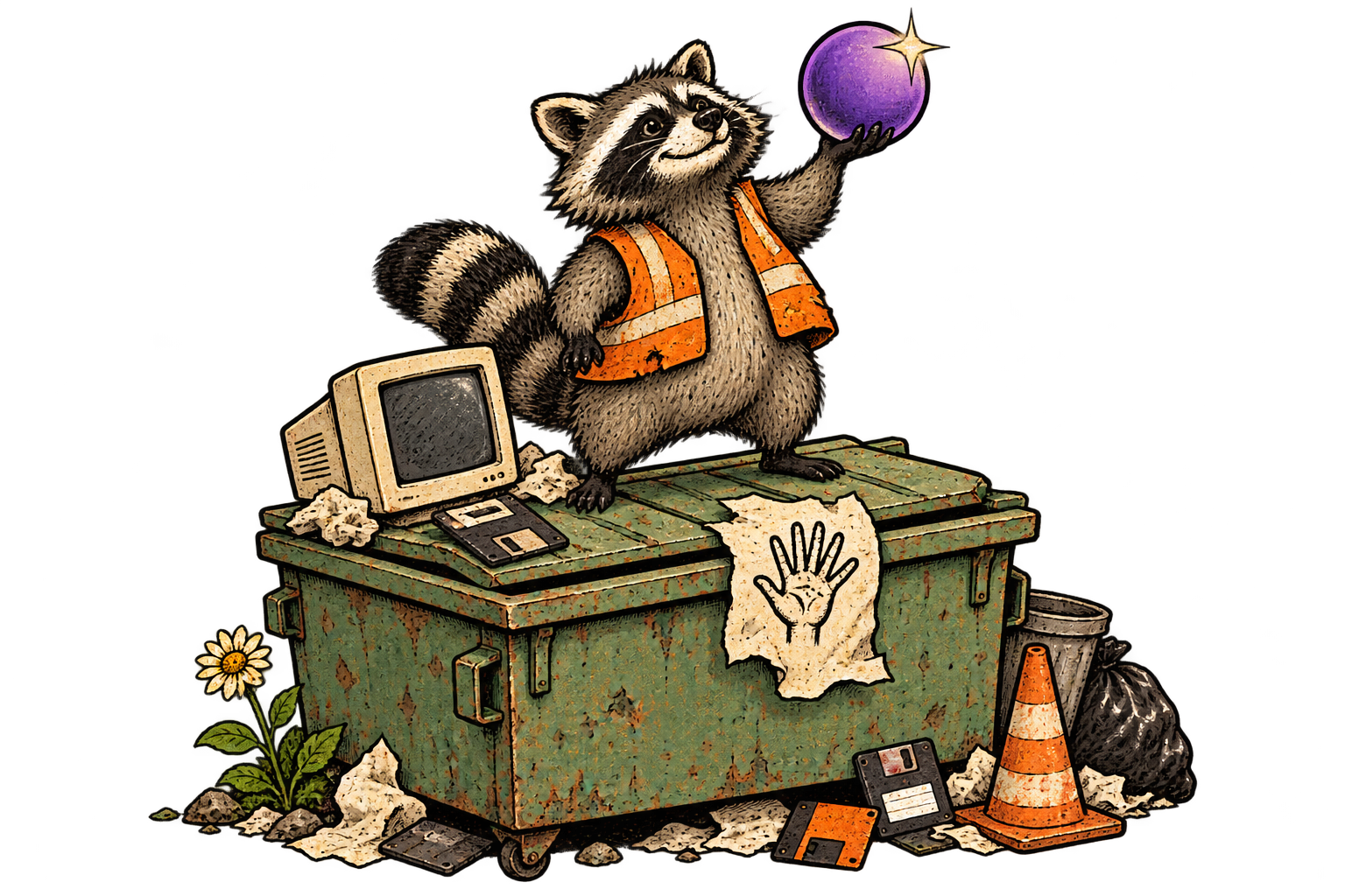 A raccoon caretaker in an orange vest sorting a purple AI sparkle, old computers, and questionable drawings into a green dumpster.