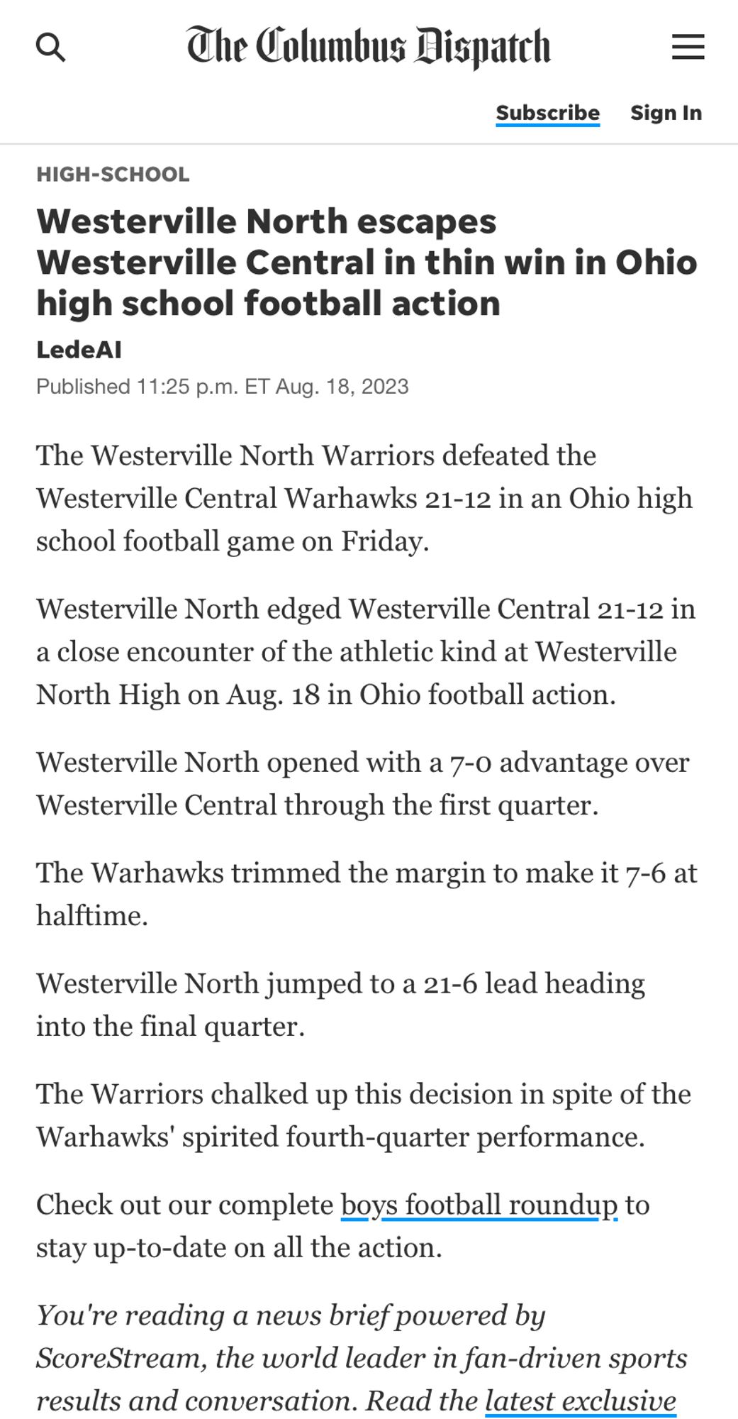 A Columbus Dispatch LedeAI football report describes a 21-12 game as a close encounter of the athletic kind.