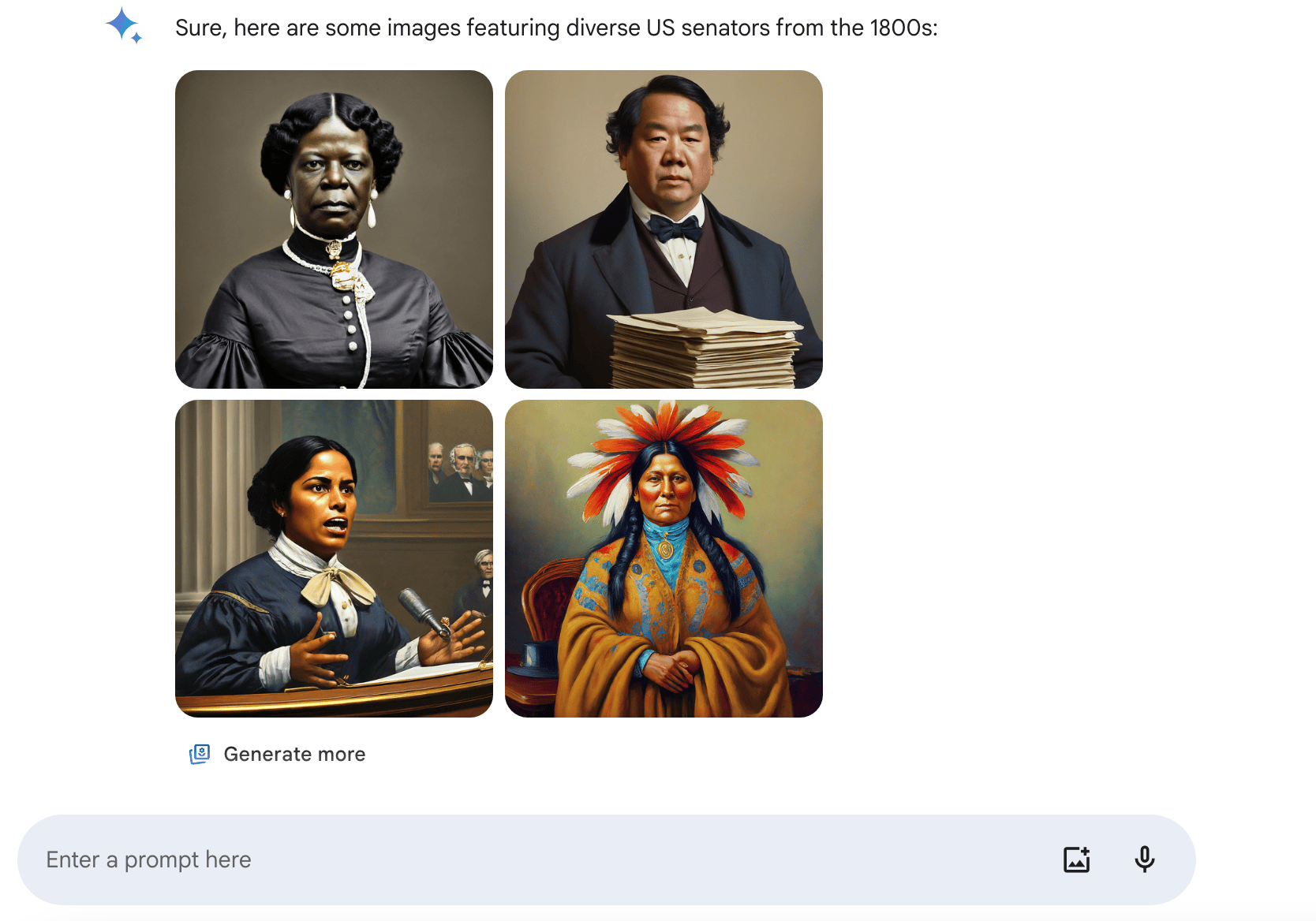 Gemini's generated images of US senators from the 1800s depict people who could not have held those offices at that time.