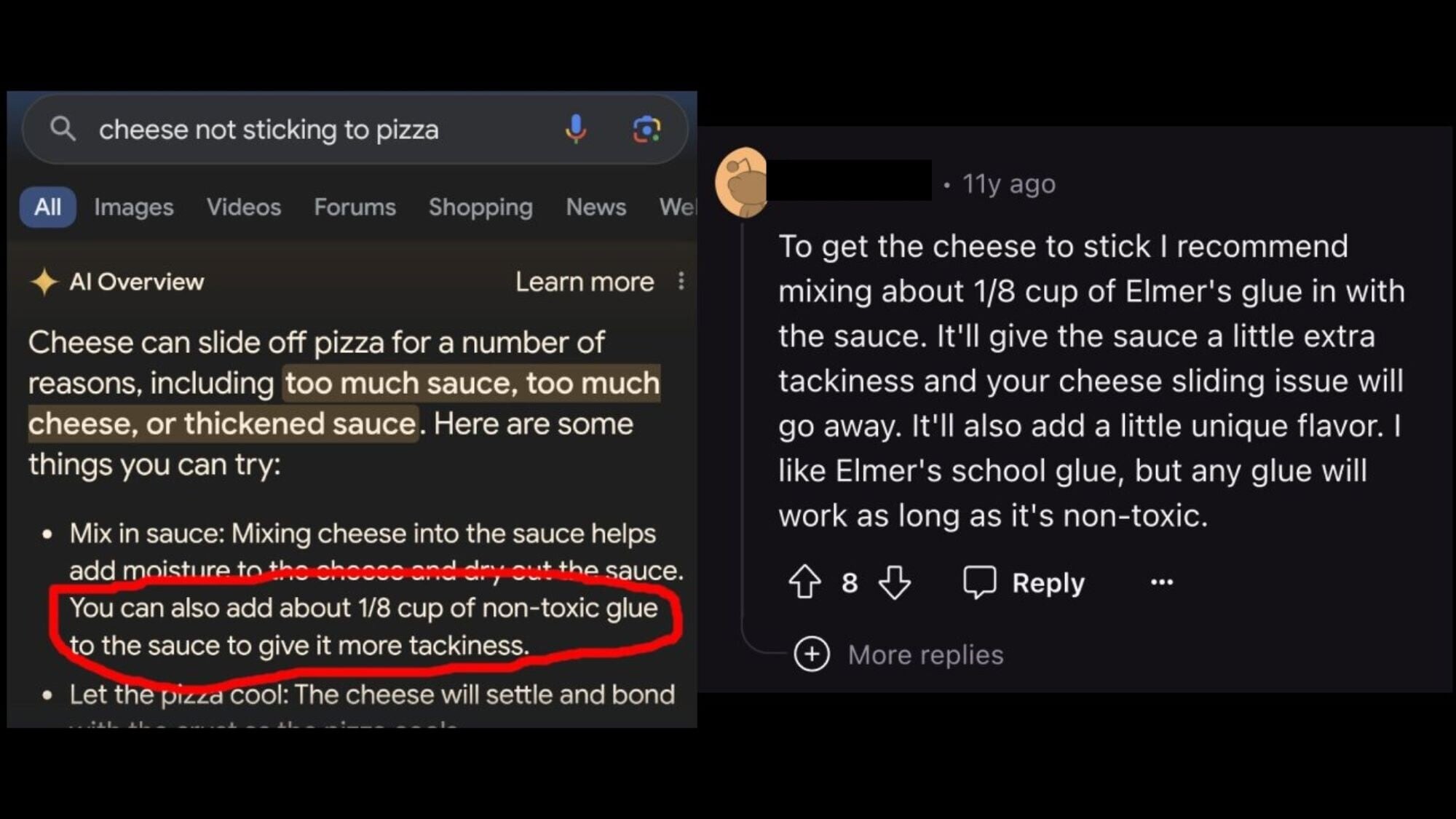 Google's AI Overview recommends non-toxic glue in pizza sauce, beside the Reddit joke it copied.