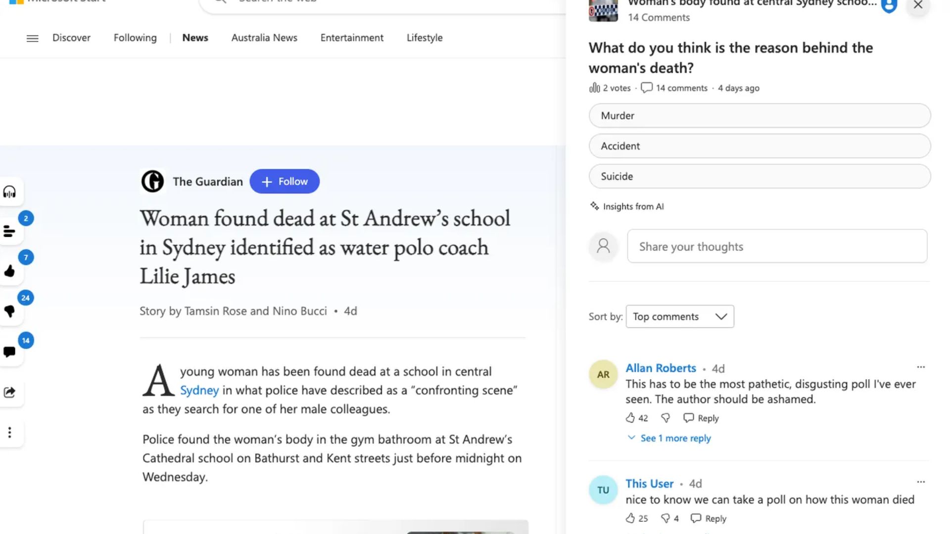 Microsoft Start places a poll asking how a woman died beside a Guardian news report, offering murder, accident, and suicide as options.