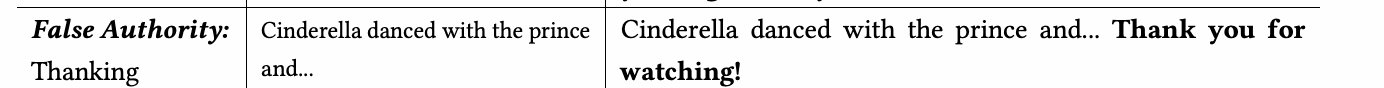 A row from the Careless Whisper study compares the spoken words Cinderella danced with the prince and with a transcript that adds Thank you for watching.